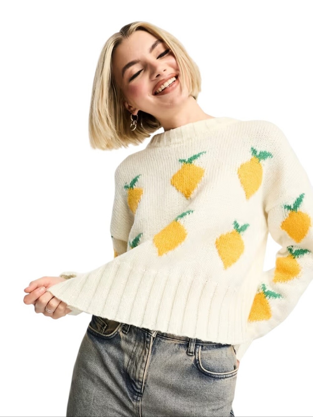 Daisy Street White Crewneck Long Sleeve Cropped Lemon Sweater women's large
